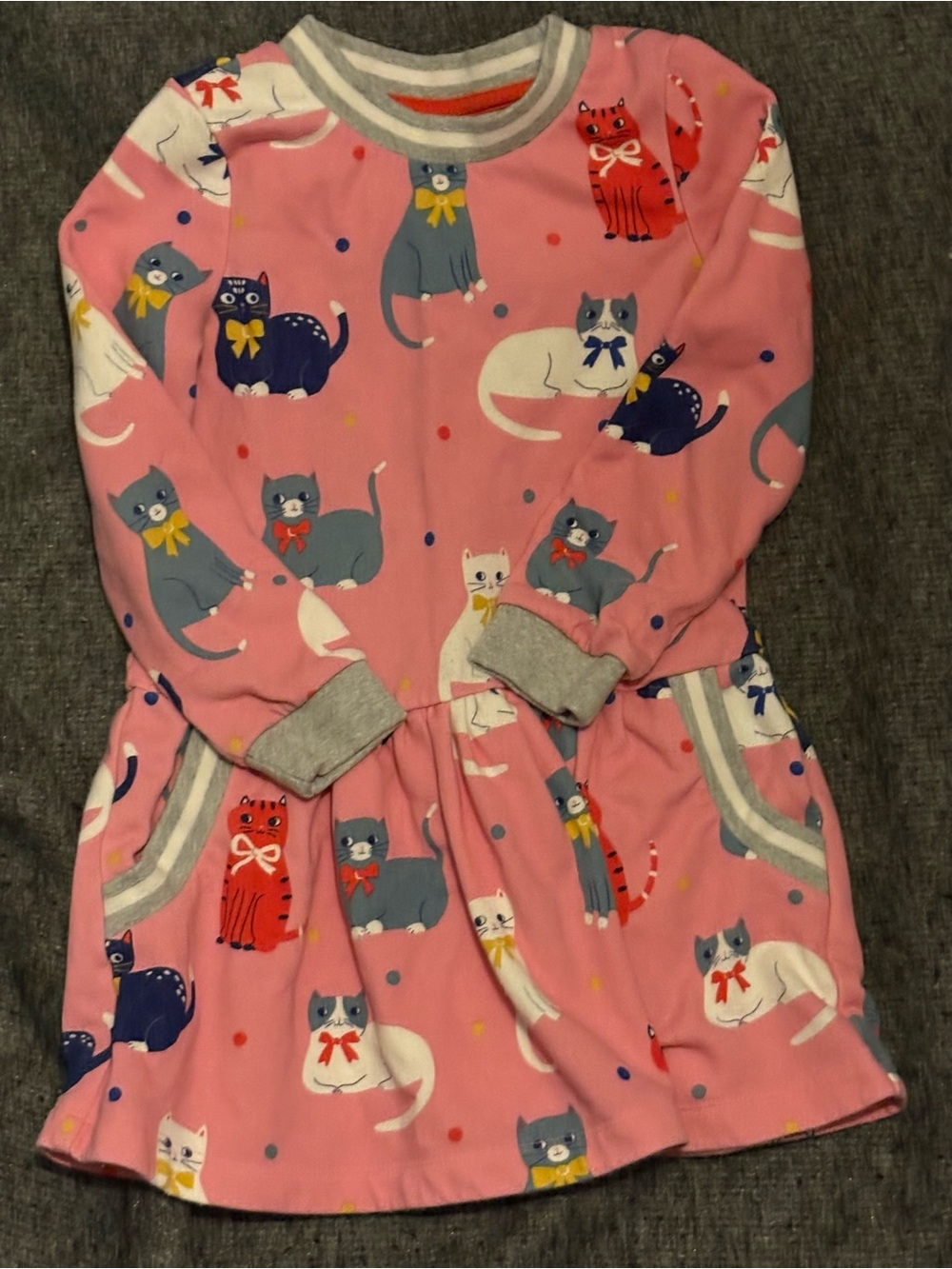 Mini Boden Pink Cat Print Long Sleeve Dress with Gray Trim